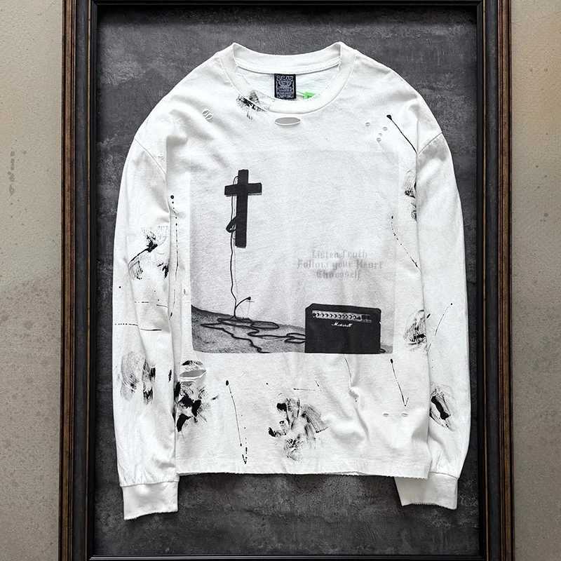 All Seasons Hip Hop Cross Print God is Listening Long Sleeved T Shirt Tops Men Women Splash-Ink Graffiti Vintage White T-Shirt T261019