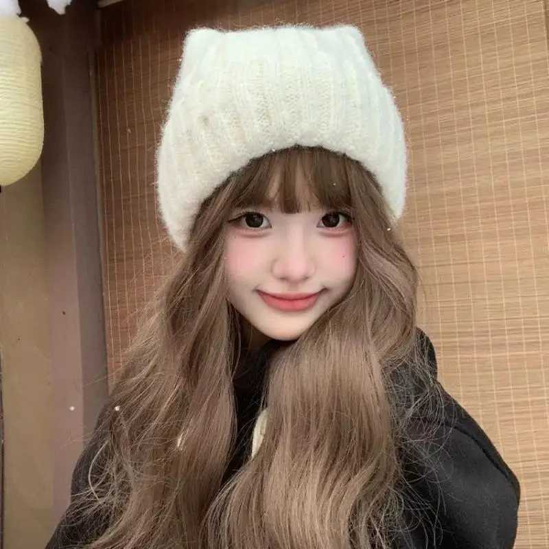 Beanie/Skull Caps Cat Ear Beanie Winter Hat Warm Knitted Cap Korean Style Cute Winter Warm Wool Hats For Women Sweet Ear Protection Knitted Hats Q26