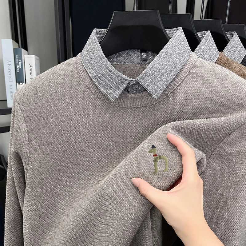 Sales High Quty Plush Hot Thicken Men's Lapel Fake Two-Piece Knitted Sweater Winter New Arrival Print Soft Business Men'swear M261016
