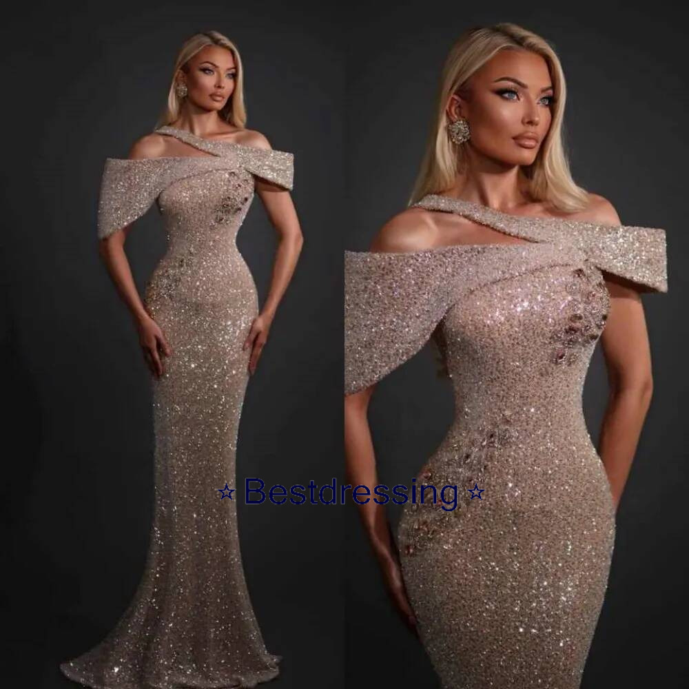 Customized Elegant Mermaid Evening Off Shoulder Strapless Sequins Rhinestone Prom Gowns Woman Formal Cocktail Dress Bd017