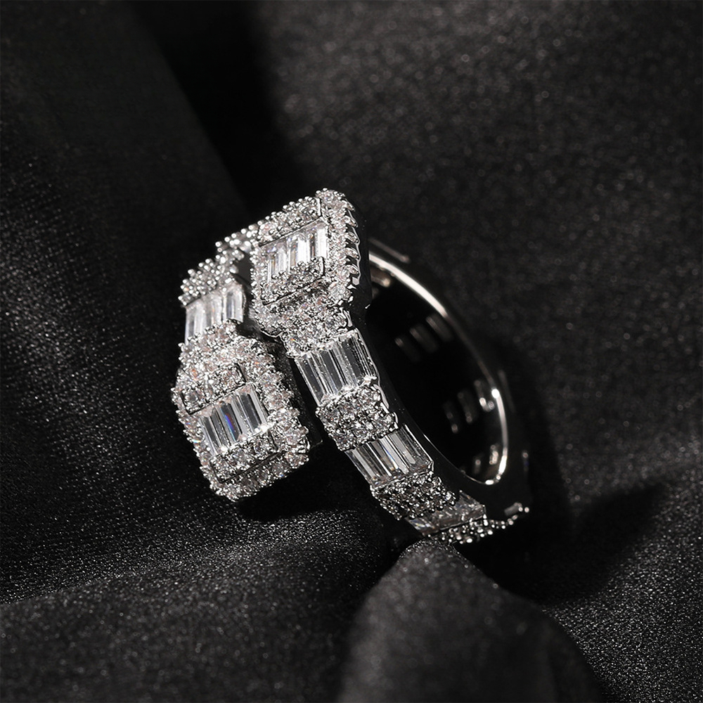 Hip-Hop Open Geometric 18K Gold Plated Copper Inlaid T Square moissanite Ring Fashion Jewelry Out D VVS Diamond Trend Luxury Iced Luxury Iced