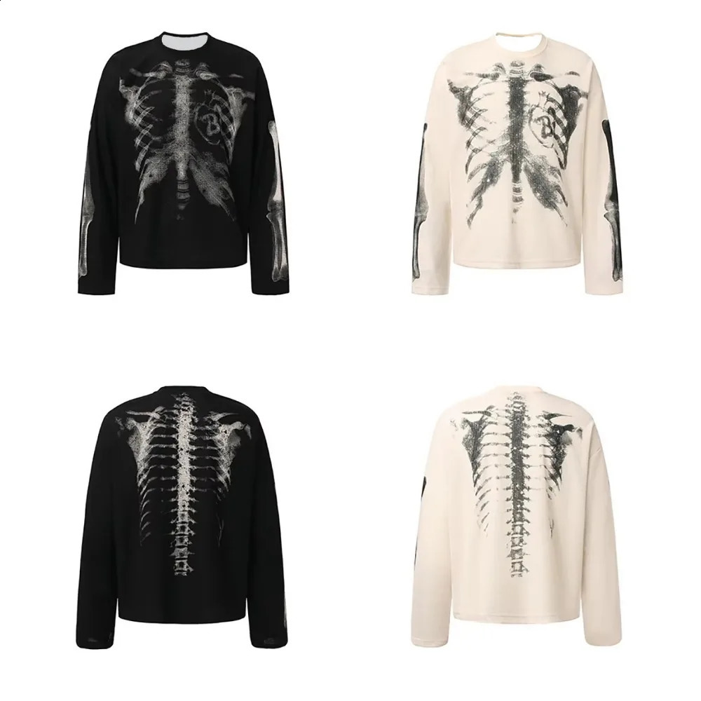 Autumn/Winter Retro Skull Halloween Printed Long Sleeve T-shirt Y2K Loose Casual Fashionable Men's and Women's Street Top 261017