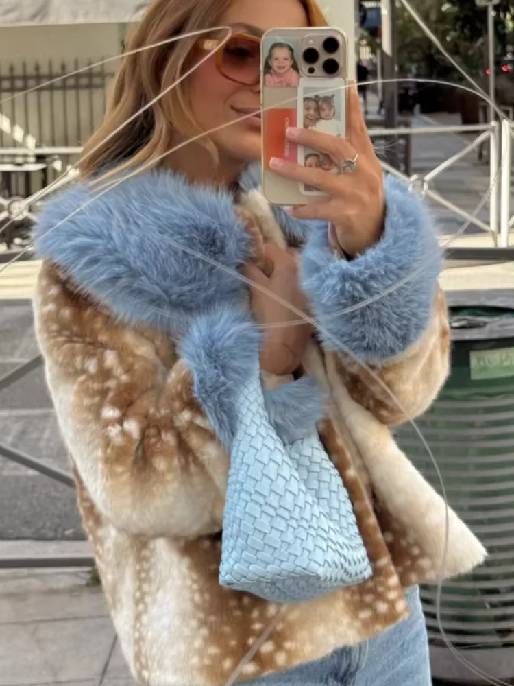 Fashion Deer Print Womens Faux Fur Jacket Contrast Long Sleeve Short Loose Coat Casual 2026 Autumn Winter High Street Wear 261019