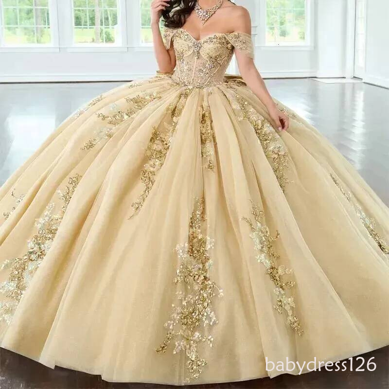 Champagne Princess Quinceanera Dresses With Bow Back Off Shoulder Puffy Ball Gown Sweet 16 Dress Appliques Lace Beaded Sweetheart Vestido De 15 Anos