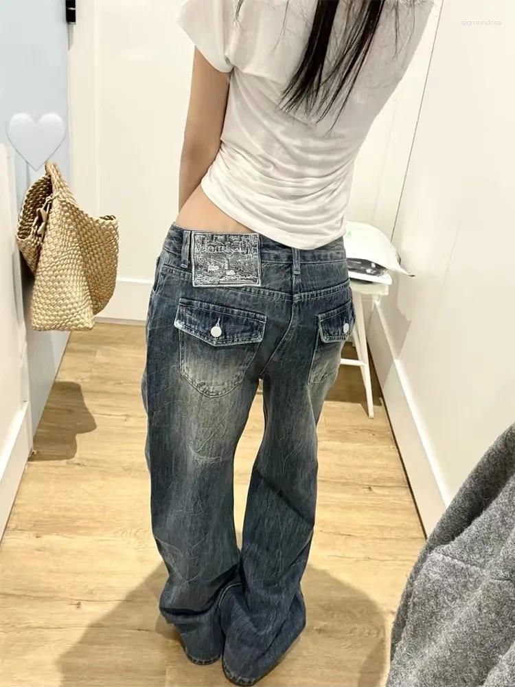 Low Waist Wide Leg Denim Jeans Women's Summer Style Slimming Drapey Straight Cut Pants Vintage Washed Embroidered Tagkita