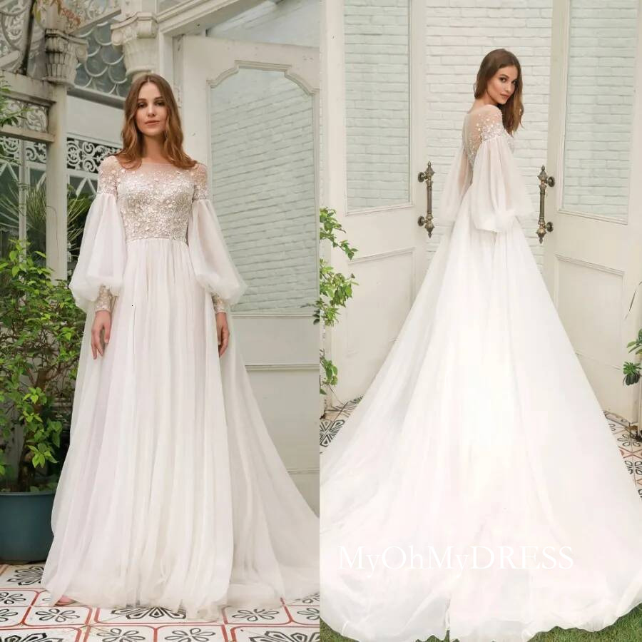 Elegant A Line Wedding Dresses Long Sleeves Lace Appliques Beaded Bridal Gowns Chapel Train Dress For Women Bride Customized Y016