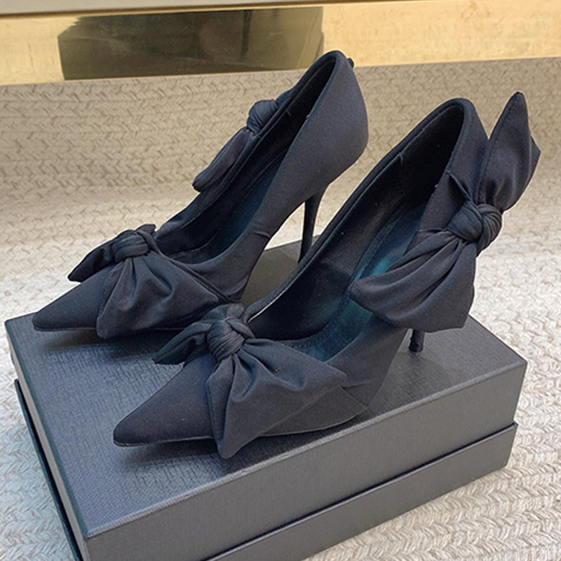 Elegance Womens Designer Knife Knot Bow Pumps Pure Back Supple Breathable Genuine Leather Lining High Heels Fashion Fall Season Dinner Banquet Party