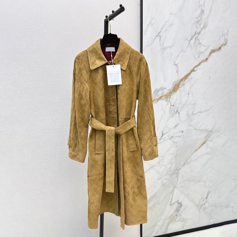 Designer Long Suede Trench Coat Women Belt Diamond Stitch Lapel Collar Midi Windbreaker Winter Luxury Vintage Long Outerwear