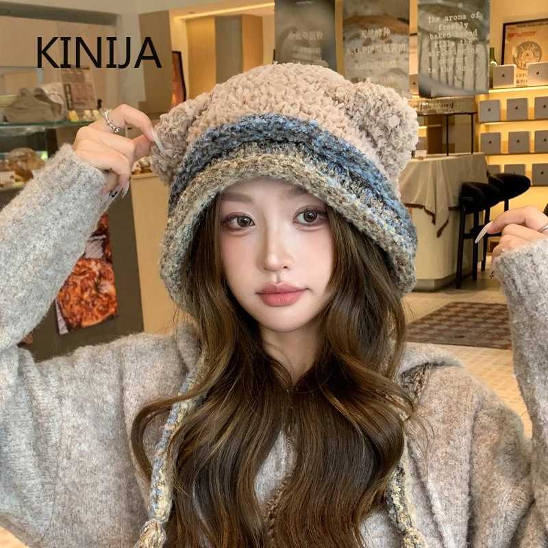 Beanie/Skull Caps Furry Cute Bear Ear Knitted Hat for Women Winter Warm Ear Protection Beanies Hat Hooded Head Covering Hat Balaclava Hat Q261017