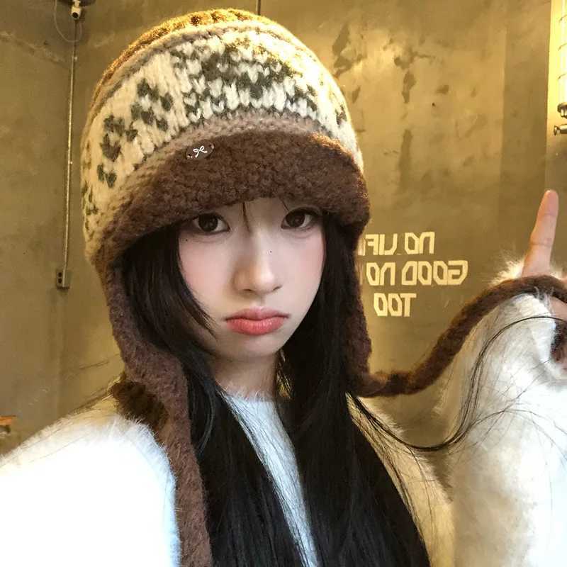 Beanie/Skull Caps Unisex Winter Knitted Trapper Hat Fair Isle Brown Thermal Beanie with Ear Flaps Windproof Face Cover Slim Fit Korean Style Skull Q