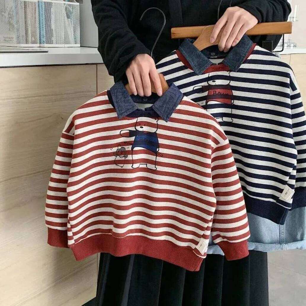 Girls Hoodie Children Polo Shirts Autumn Denim Tops For Kids Boys Striped Jumper Cartoon pullover Girls Pullover Toddler Sweatshirts Baby Clothes Cr