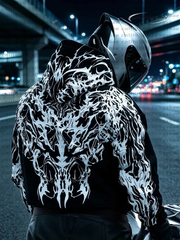 Men Street Reflective Hoodie Y2k Style Gothic Longsleeve Pullover Hooded Sweatshirt Loosefit Motorcycle Rider Night Outing 261019