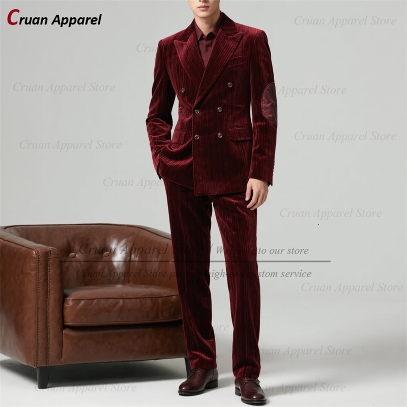 Classic Burgundy Corduroy Suit For Men Tailormade Double Breasted Blazer Pants Sets Fashion Male Elegant Outfits 2 Pieces y260929