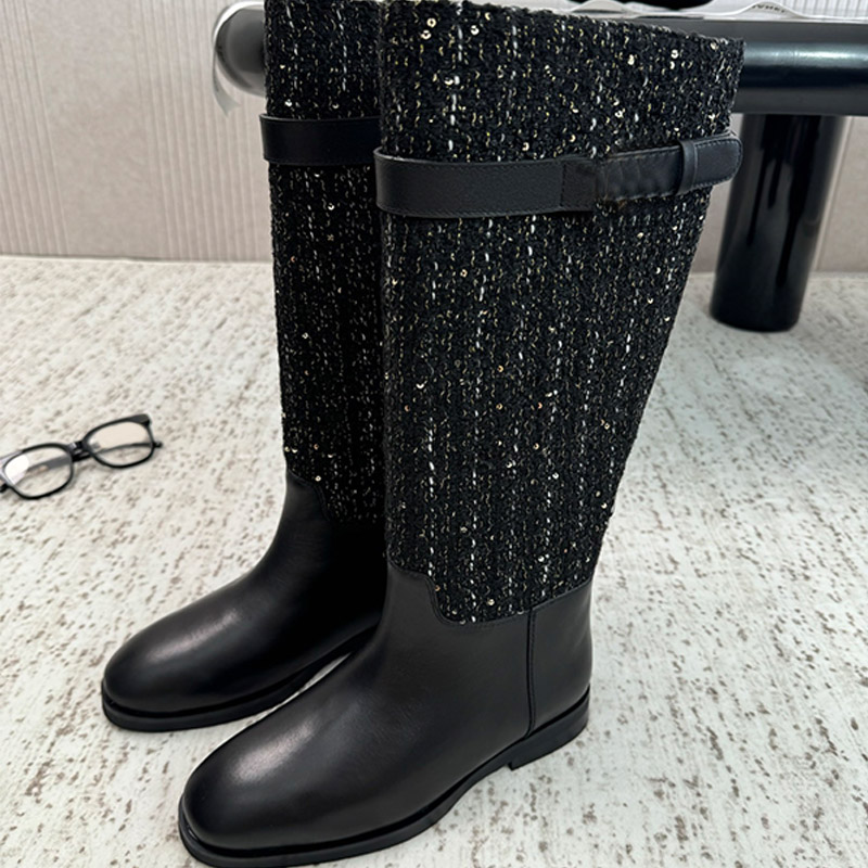 Botas Altas Y Largas De Cuero De Tweed A La Moda para Mujer, Cabeza Redonda, Parte Inferior Plana, Koots hasta La Rodilla, Parte Superior De Punto,