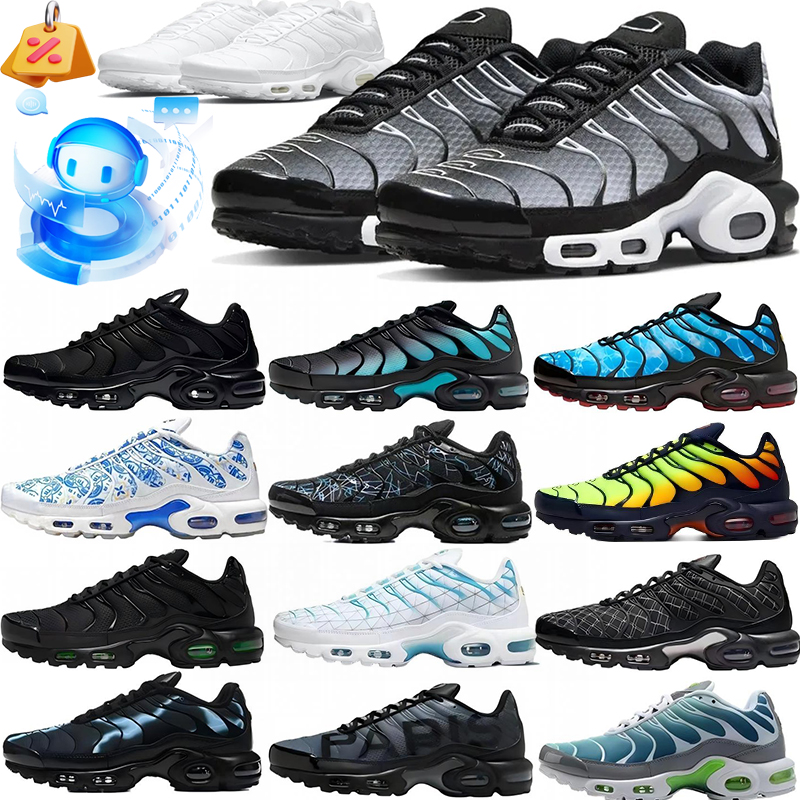Designer Plus size Running shoes Men tn White Cushion Sneakers Wave Texture Retro Breathable Mesh Lining Casual Street Footwear Shock Absorbing Outd