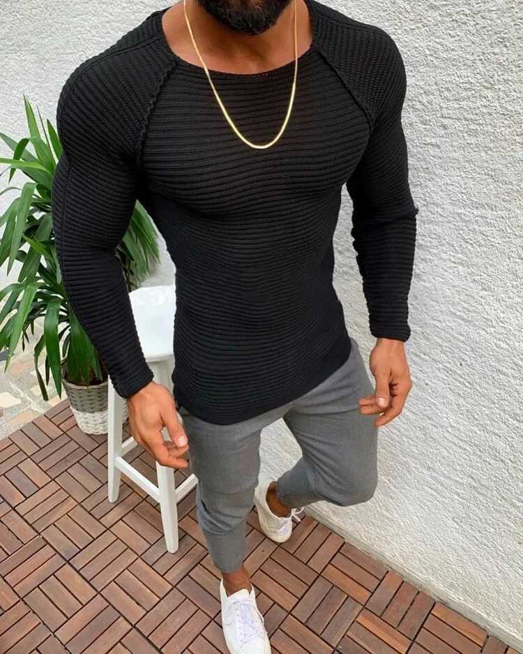 Slve Long Knitted Pullover Strtwear Men O-neck Solid Color Long Slve Warm Slim Sweaters Men Men's Sweater Male Clothing M261016