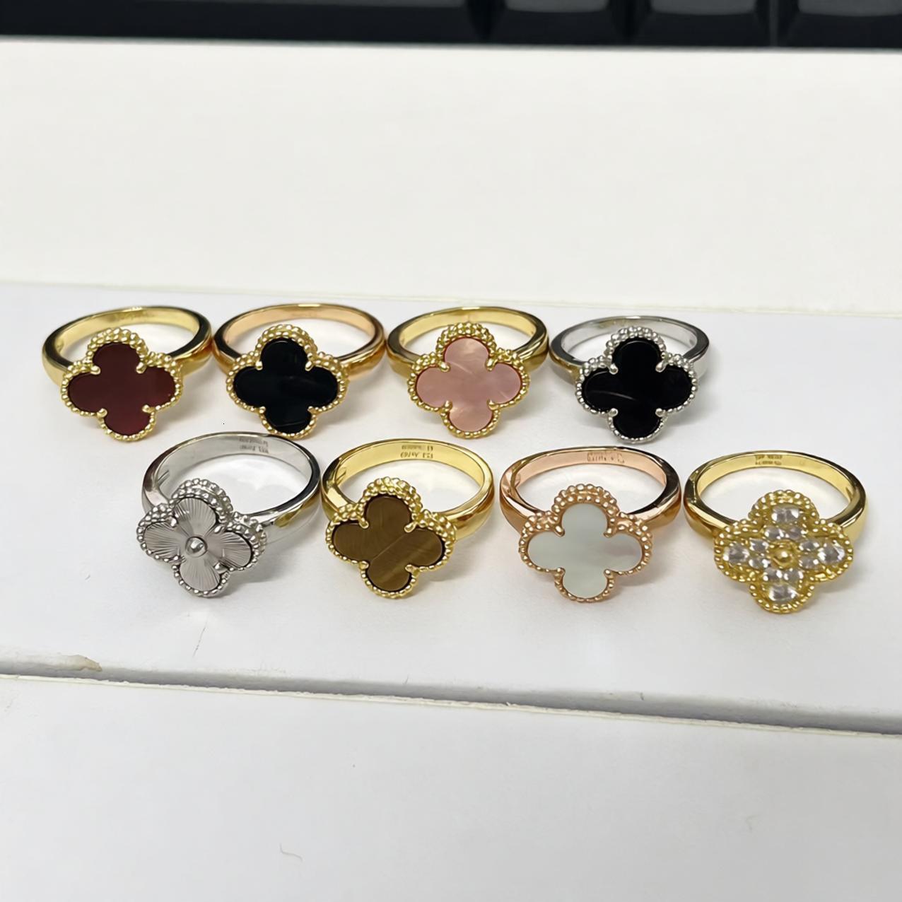 designer ring for women Four-Leaf Clover Ring With Black Agate Plated 18K Rose Gold Red Agate Birthday Gift Light Luxury Fashion Versatile Trendy va