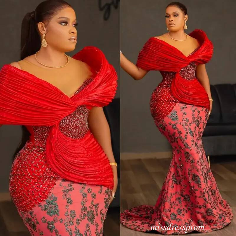 Plus Size Red Dress Mermaid Evening Off Shoulder Gorgeous Prom Dresses Flora Illusion Beaded Lace Crystals Birthday Second Reception Gown Am2710