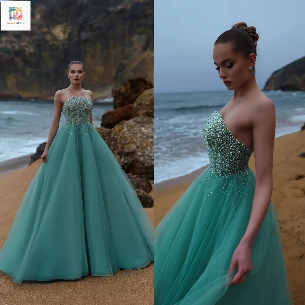 Green Strapless Prom Dresses Illusion Beaded Floor Length Party Ball Gowns Custom Made Women Formal Evening Dress Mb017