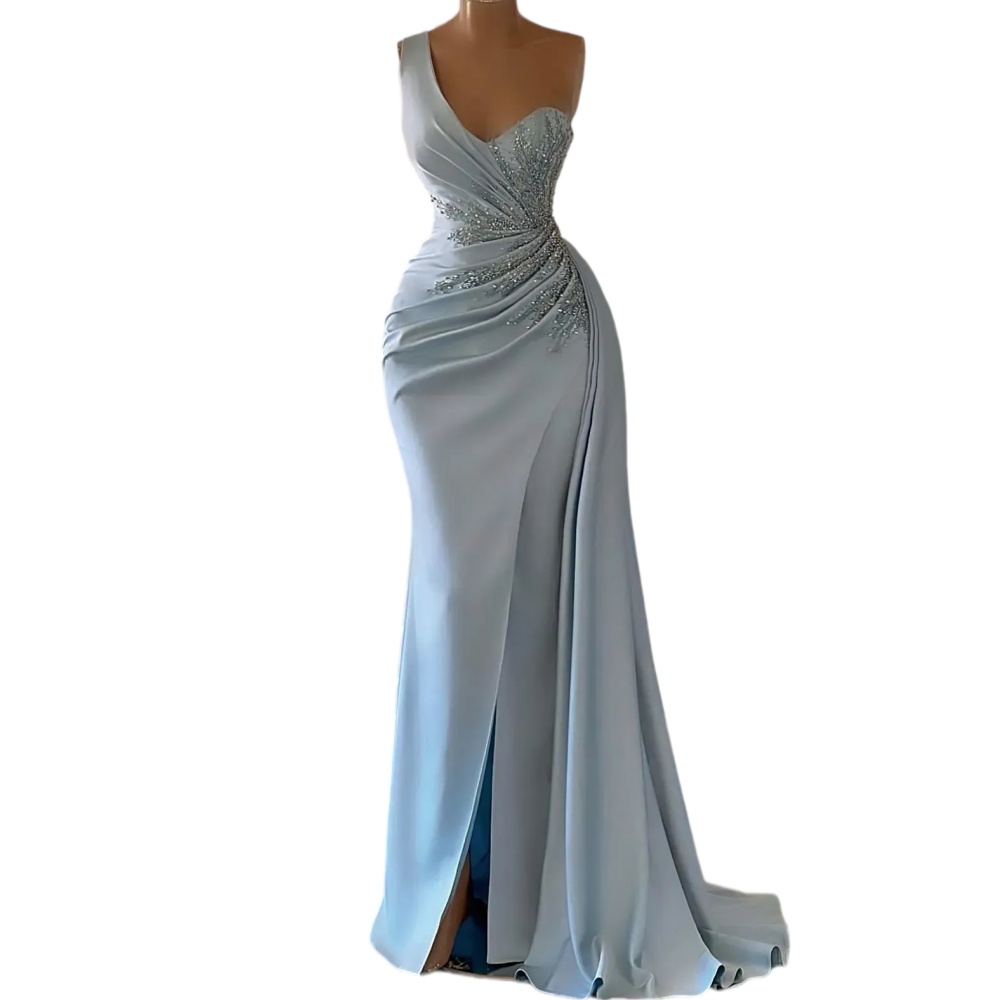 Sky Blue Sexy Evening Dresses Wear Lace Beads One Shoulder For Women Crystal Side Split Pleats Mermaid Formal Gowns Special Occasion Gowns Plus Size