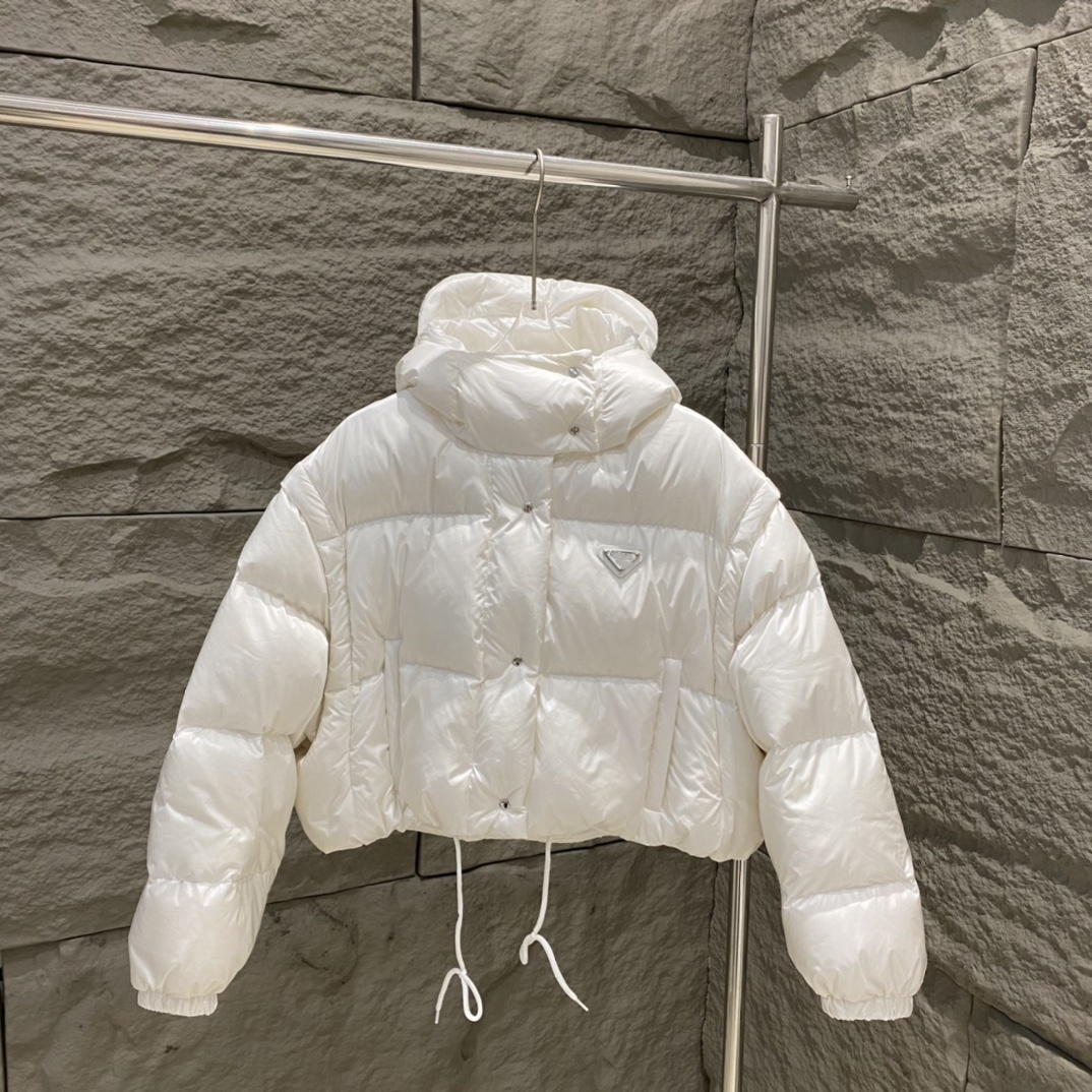 Womens Short Puffer Jacket Goose Down Fill Convertible Vest Detachable Sleeves Boxy Fit Stand Collar Elastic Cuffs Snap Front Cold Weather