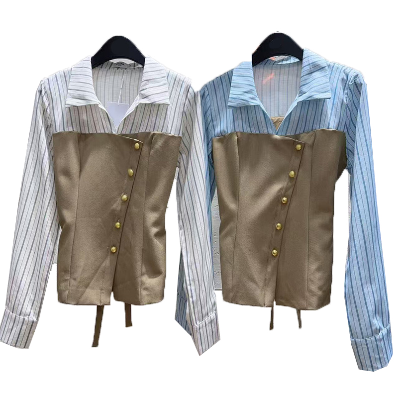 Luxury Women Fake Two Shirts Designer Striped Blouses Patchwork Slim Fit Tops Spring Autumn Daily Versatile Shirt