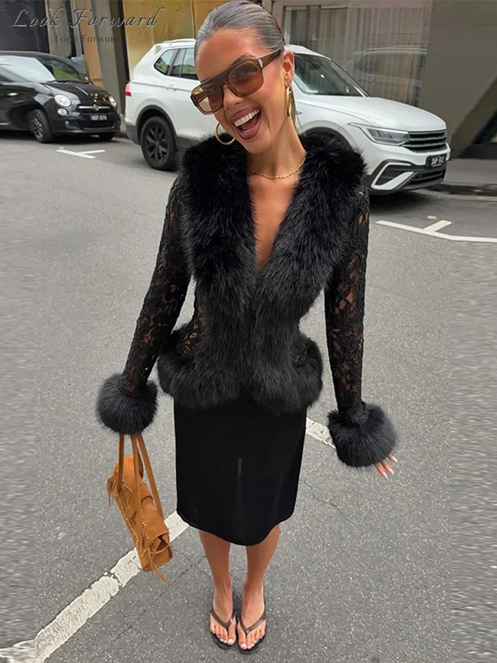 Sexy Faux Fur Coats Women's Lace Splicing Mesh V-neck Buckle Buttons Full Sleeve Jackets 2026 Autumn Ladies Solid Outwear 261015