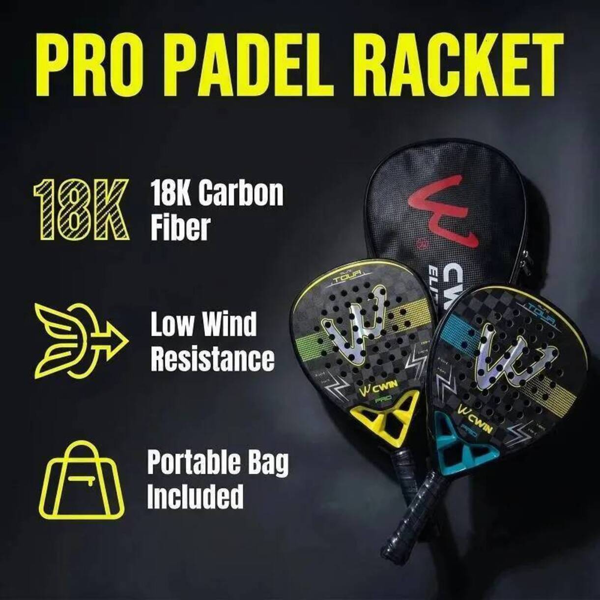 Multi-Piece Tennis full graphite professional tournament racquets Racket Matching Kits Cwin Padel 18K Carbon * Fiber EVA Foam Sweatproof Rough Surfa