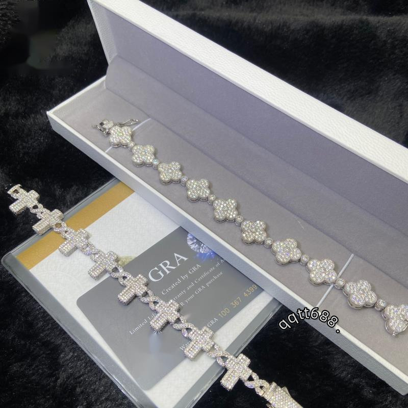 New Design Four Leaf Clover 925 Sterling Silver Chain Moissanite Cuban Bracelet Men Women Hip Hop Style Pass Diamond Tester GRA