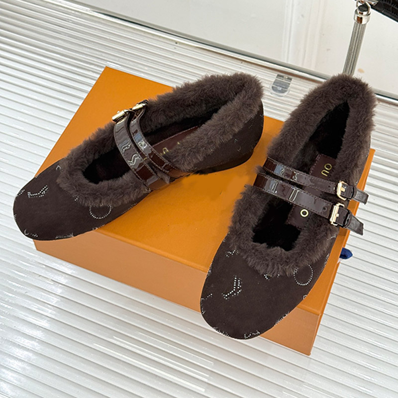 Womens Retro Dark Brown Bella Mary Jane Ballerina Winter Suede Calf Leather Warmth Wool Lining Classic Old Flowers Pattern Adjustable Buckle 1AKXUX