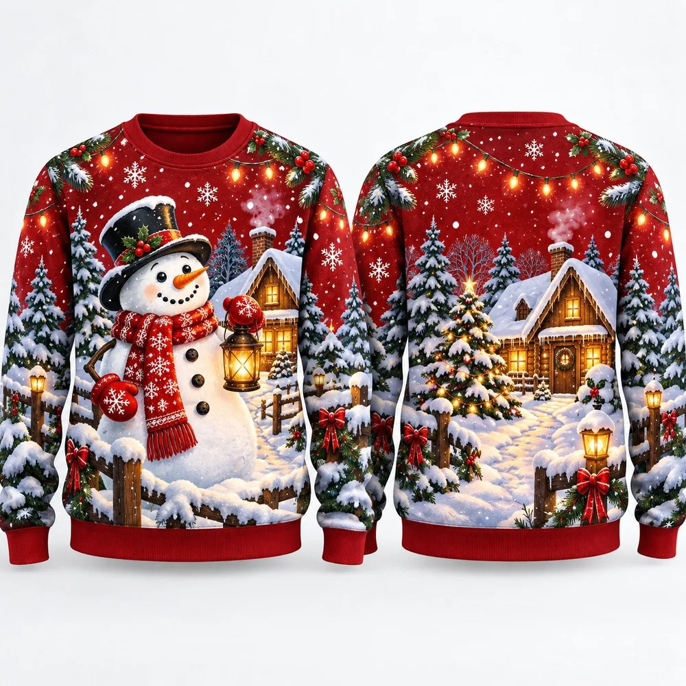 Snowman Village Ugly Christmas Sweater for Men Women Festive Holiday Party Crewneck Pullover Long Sleeve Winter Sweaters 261019