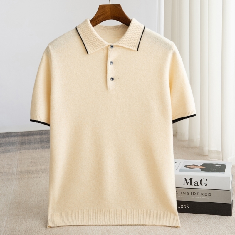 100 Merino Wool Men's Lapel Short Sleeved Sweater TShirt Knitted Casual Business Pullover Summe 260924
