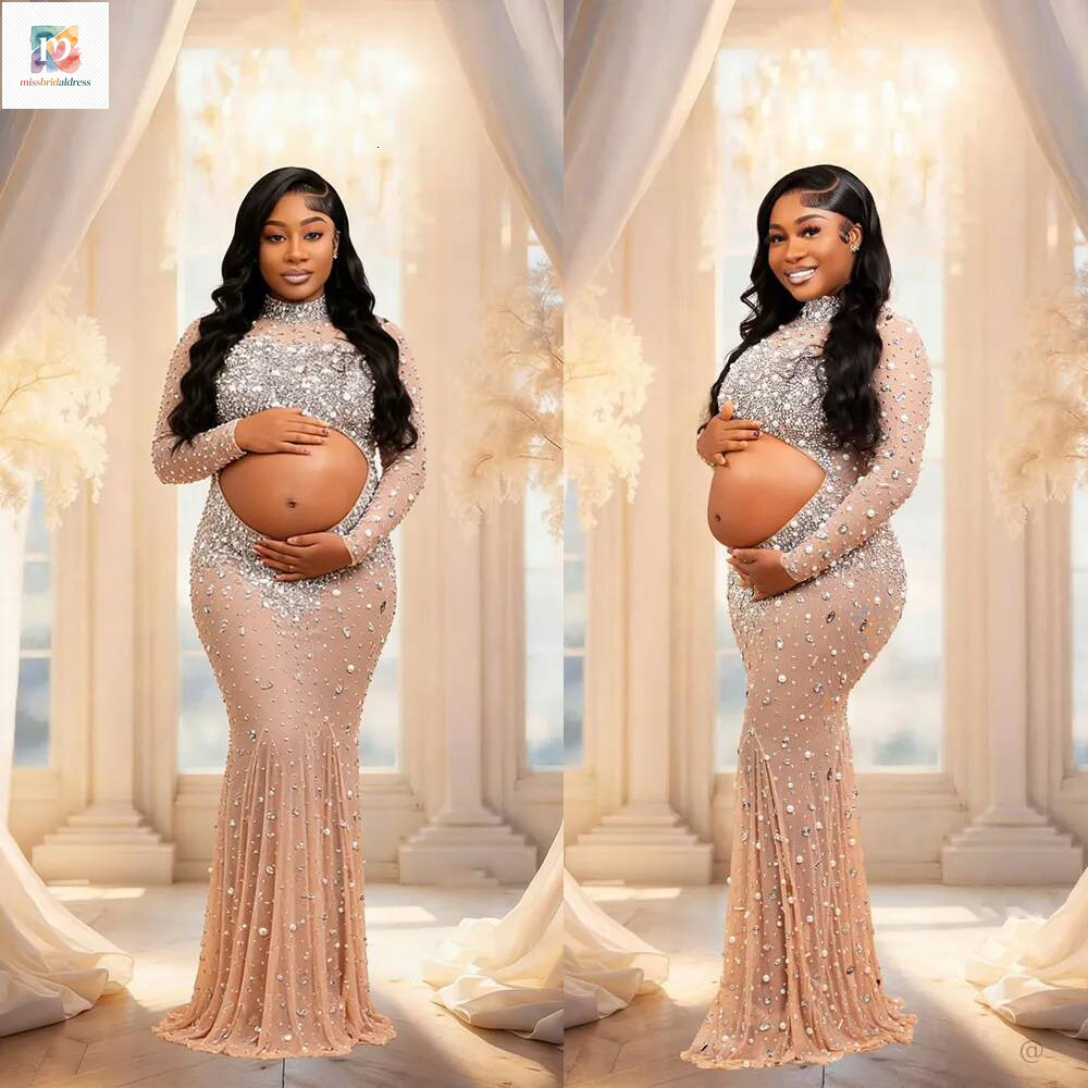 Luxury Pearls Maternity Photography Sparkle Crystals Long Sleeve High Neck Baby Shower Dress Fashion Beaded Special Occasions Gowns Custom Made Mb01