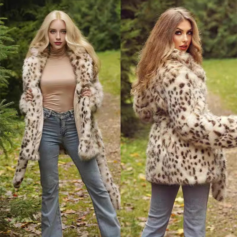 European And American Autumn/Winter New Plus Size Women's Faux Fur Leopard Print Coat With Suit Collar, Mid-Length Top For Women Manlishan