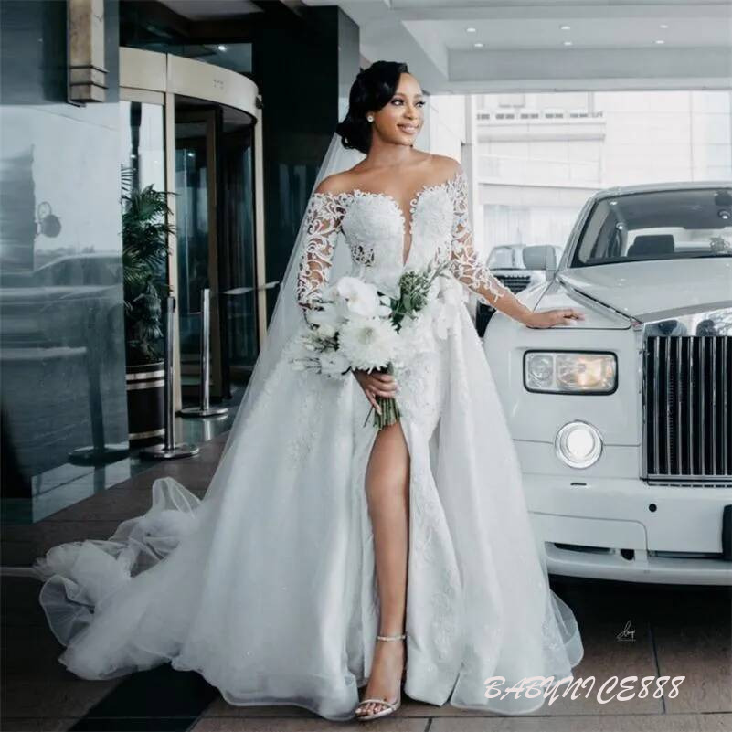 Off Shoulder Lace Mermaid Wedding Dresses Plus Size Women African Long Sleeves vestidos de novia Bridal Gowns with Detachable Train