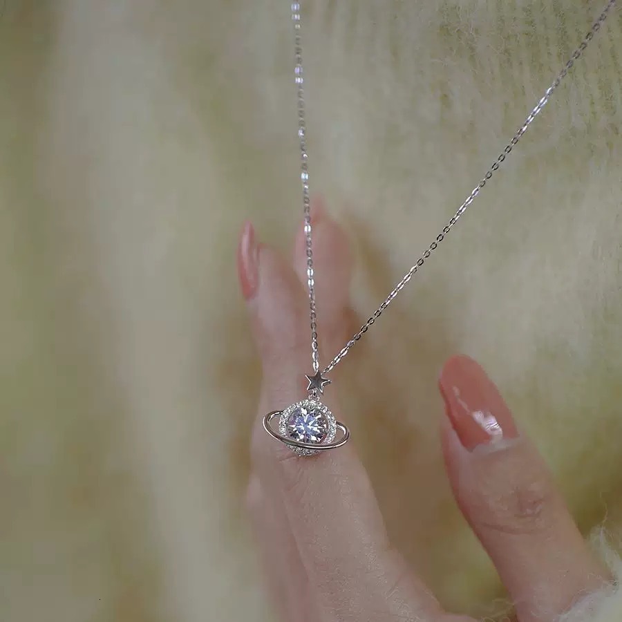 Luxury Brand Designer Jewelry Best-Selling Cosmic Planet Necklace For Women, Featuring Dazzling, Full-Diamond, Moissanite-Like Pendants, A Fashionab