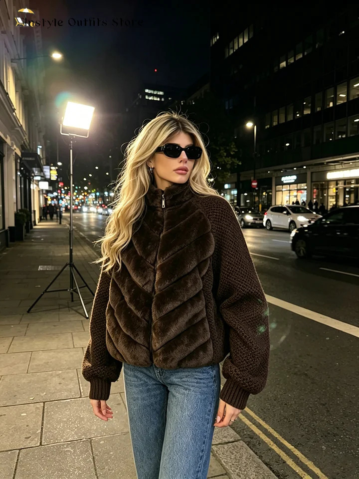 Fashion Faux Fur Knitted Coats Women's Full Sleeves Zipper Stand Collar Jackets 2026 Ladies Autumn Winter Casual Outwear 261015