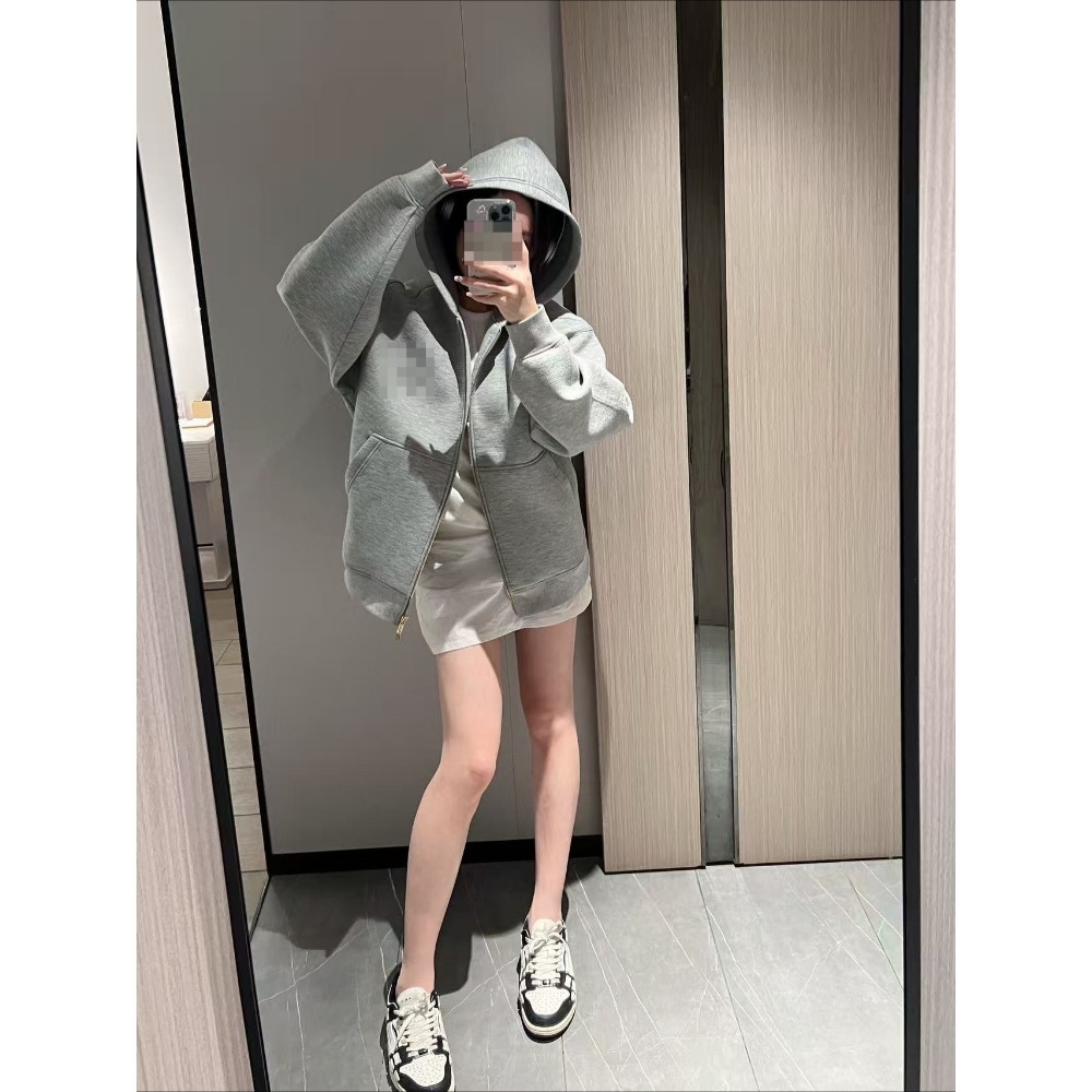 Men Cotton Autumn Winter Grey Patch Letter Hooded Sweater Loose Casual Jacket