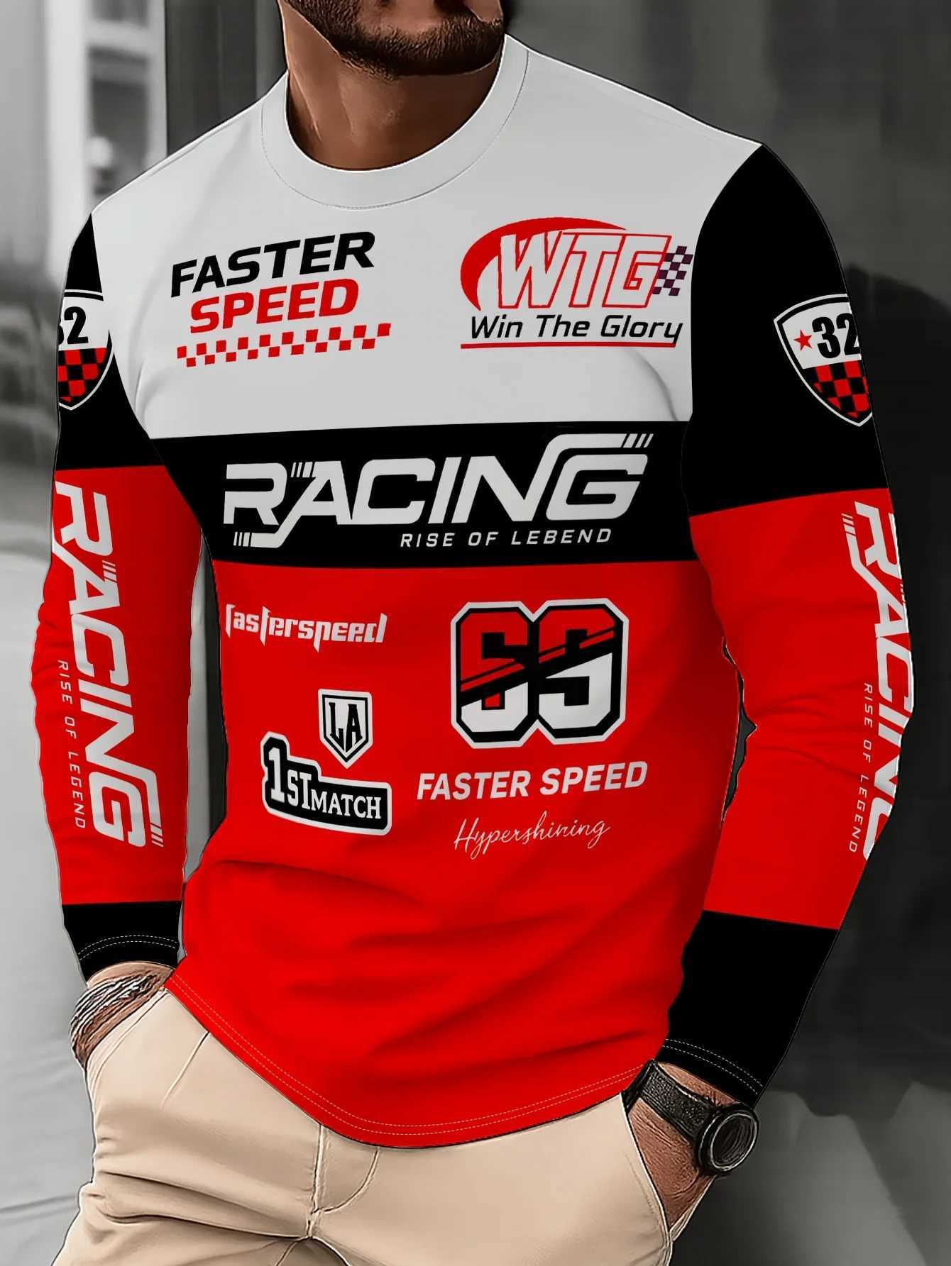 MEN Street Life Summer Casual Graphic Men'S Racing Letter Print Long Sleeve T-Shirt Suitable For Everyday Wear T261019