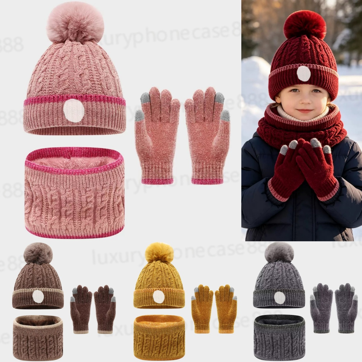 Fashion children's brand winter hat three piece set knitted wool ball hat warm scarf wool gloves outdoor sports windproof children's snow