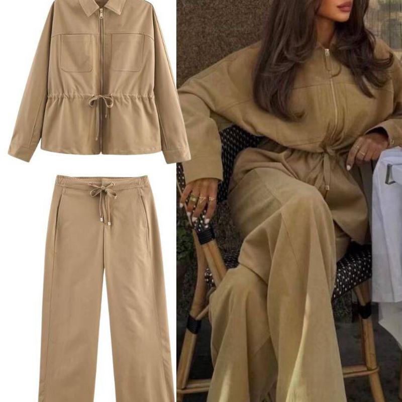 Tenue décontractée deux pièces pour femmes, col, fermeture éclair complète, cordon de serrage à la taille, pantalon à jambes larges, couleur unie