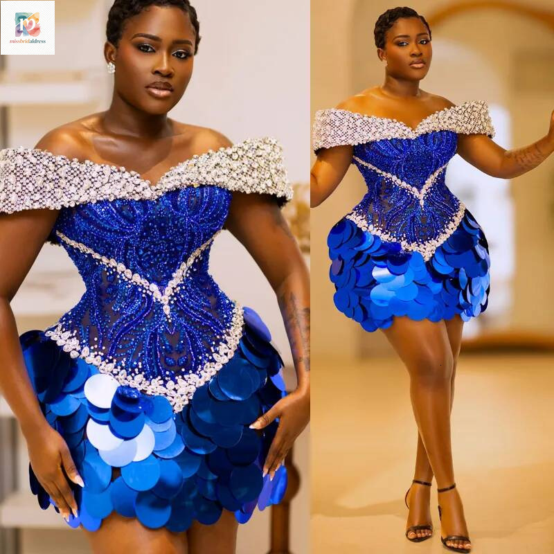 Plus Size Royal Blue Cocktail For Women Short Prom Dresses Illusion Off Shoulder Homecoming Crystal Pearls Pleated Beaded Lace Birthday Dress C560 M