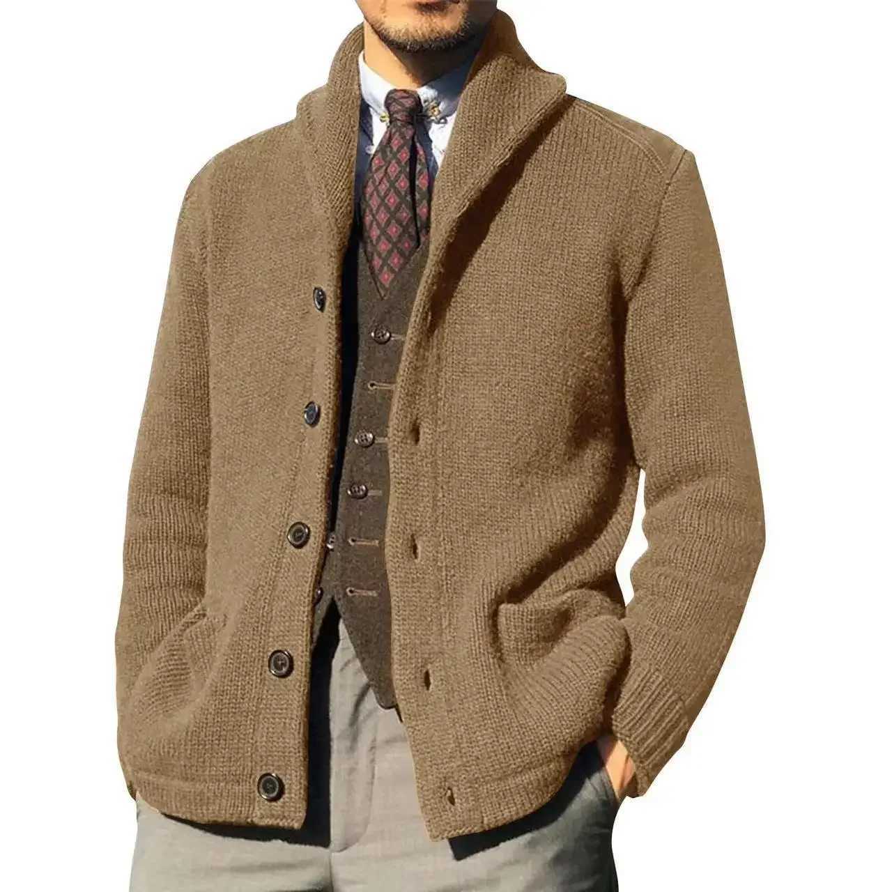 Collar Mens Shawl Cardigan Sweater Cable Knit Button Casual Loose Flce Long Slve Chenille Coats with Pockets M261016