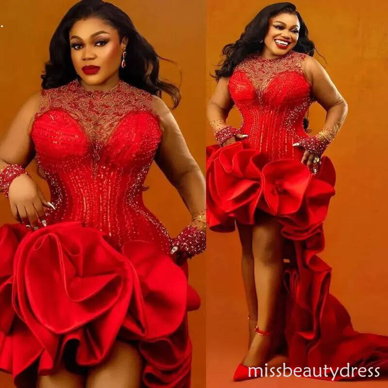 2026 Plus Size Red Cocktail For Women Mini Sheer Neck High Low Illusion Pleated Tassel Beaded Lace Birthday Dress Short Prom Dresses C513