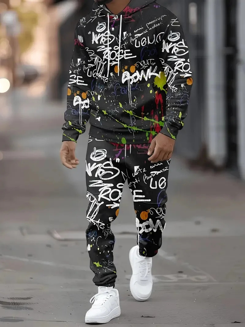 The Mens Hoodie Set for Spring and Autumn Features a Casual Fashionable and Comfortable 3D Graffiti Pattern Print 261019