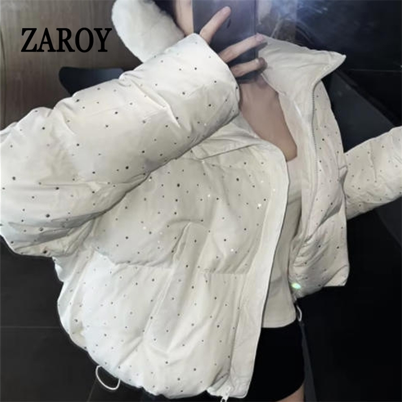 ZAROY Women Thick Warm Cotton Short Jacket Rhinestones Winter Stand Collar Down Coat Shiny Crystal Cropped Puffer Parka 261016