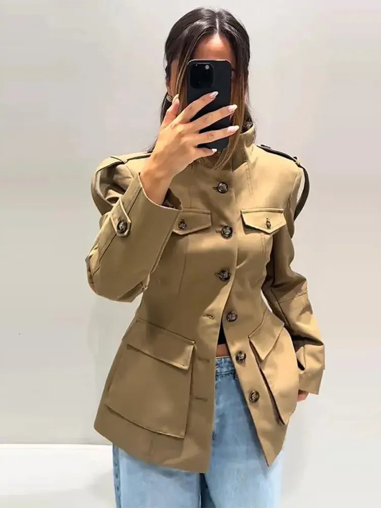 Women Short Jacket Stand Collar Khaki Cropped Trench Coat Jacket With Pockets Womens Spring Fall casual Button Front Slim Fit High Street Lady Outer