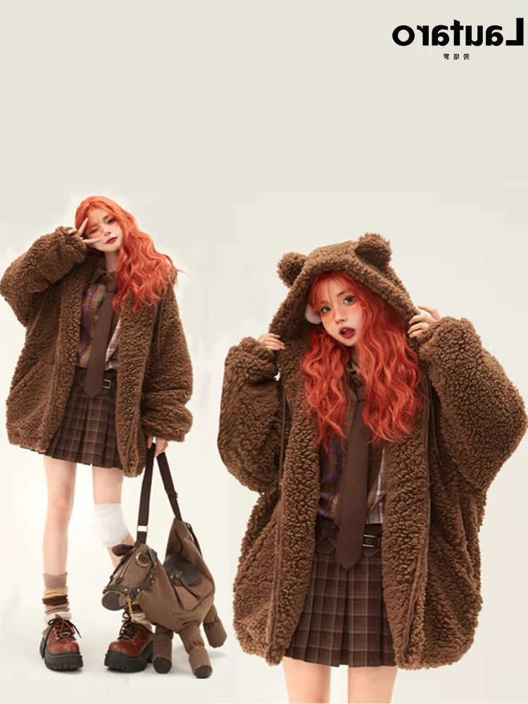 Fur Lautaro-Kawaii Hoodie Bear Ears Women Fluffy Sherpa Jacket Oversized Brown Warm Fuzzy Cute Winte S261016432S