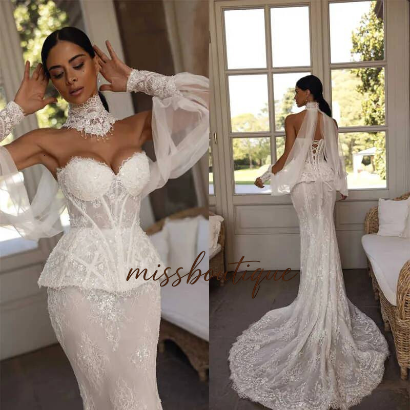 Customized Beach Wedding Dresses Mermaid Illusion Lace Appliques Long Sleeve Bridal Gowns Formal Bride Dress Q017