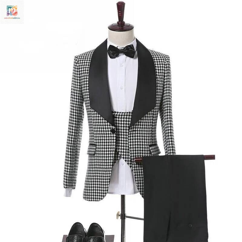 Houndstooth 3 Piece Groom Tuxedos Shawl Lapel Side Vent Bridegroom Suit Men Wedding Prom Dinner Blazer(Jacket+Pants+Tie+Vest)35 Mb019